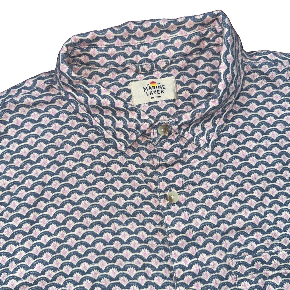 Marine Layer Classic Stretch Selvage Short Sleeve Shirt Size M Mens Blue Pink